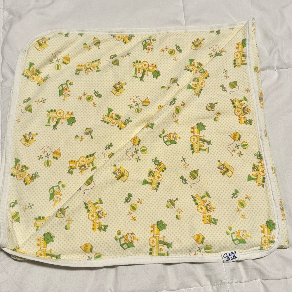 Vintage Carter's Baby Blanket Receiving Yellow Dot Train Toys 36 x 36 Cotton USA